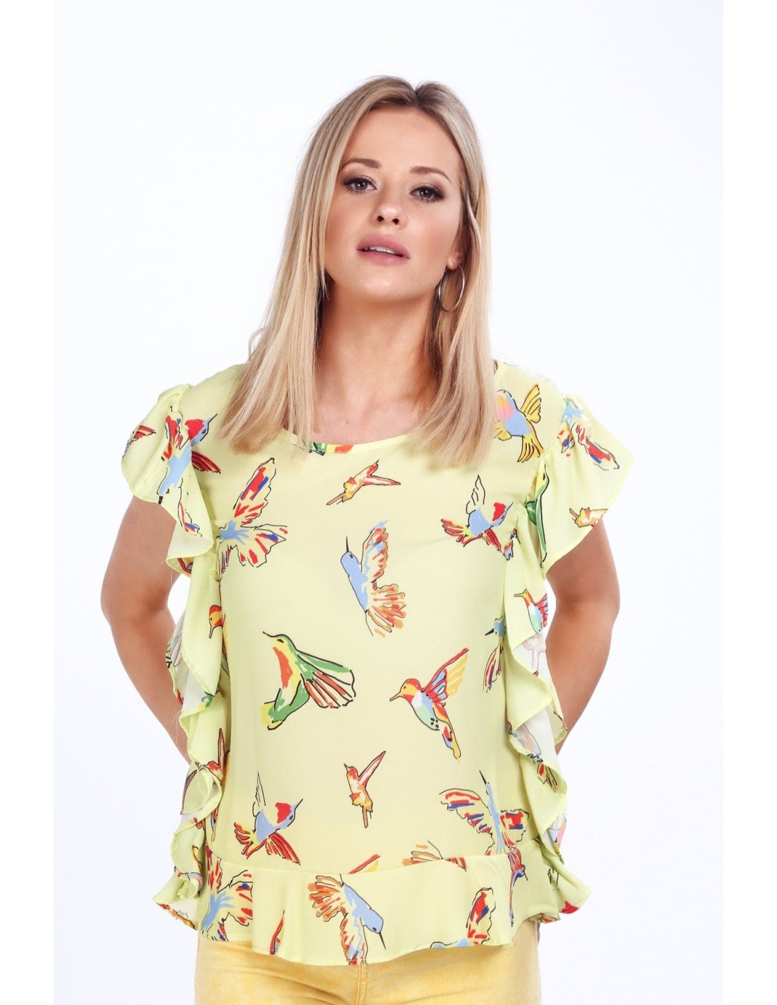 Lemon blouse with colorful birds MP28391 - Online store - Boutique